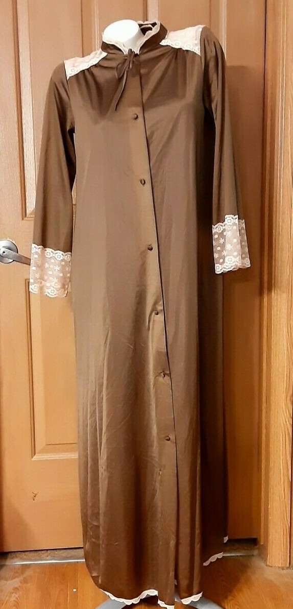 Vintage Sans Souci Nylon Brown and Pink Long Gown & Matching Robe Size M USA