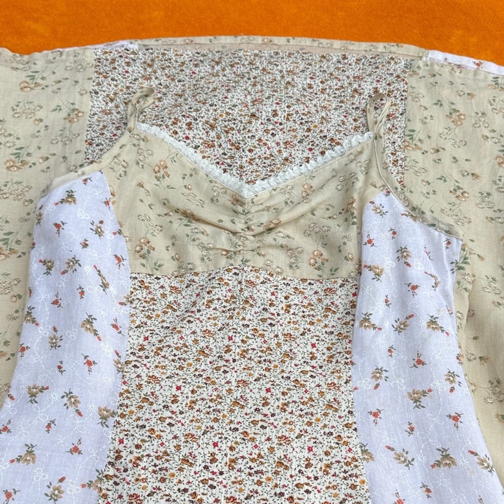 Vintage Olive Branch patchwork lined Floral Patchwork Dress – Cream and White sm