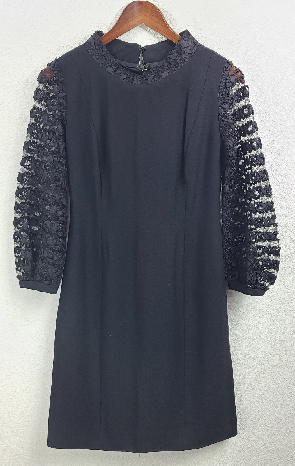 Vintage 1960’s LBD black Dress Lace Balloon Sleeve Union Made XS-Small soutache
