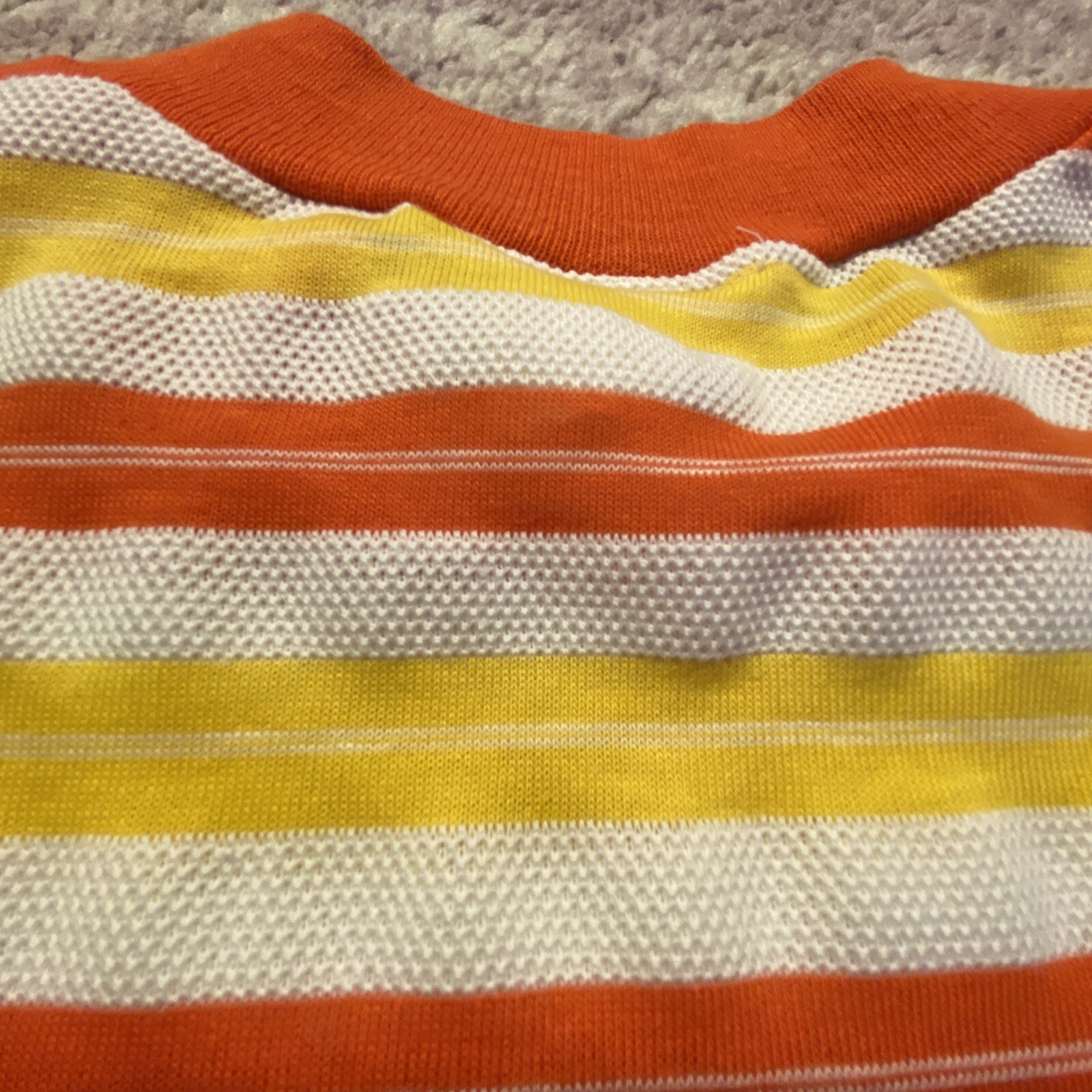 VTG Cristin Stevens Weave Netting Shirt Orange Yellow Shoulder Pads Stripe L EUC