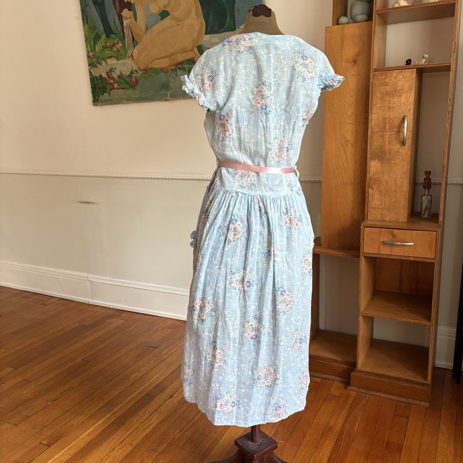 Vintage 1940s Blue Floral Cotton Voile Fabric Dress Ruffle Trim Summer