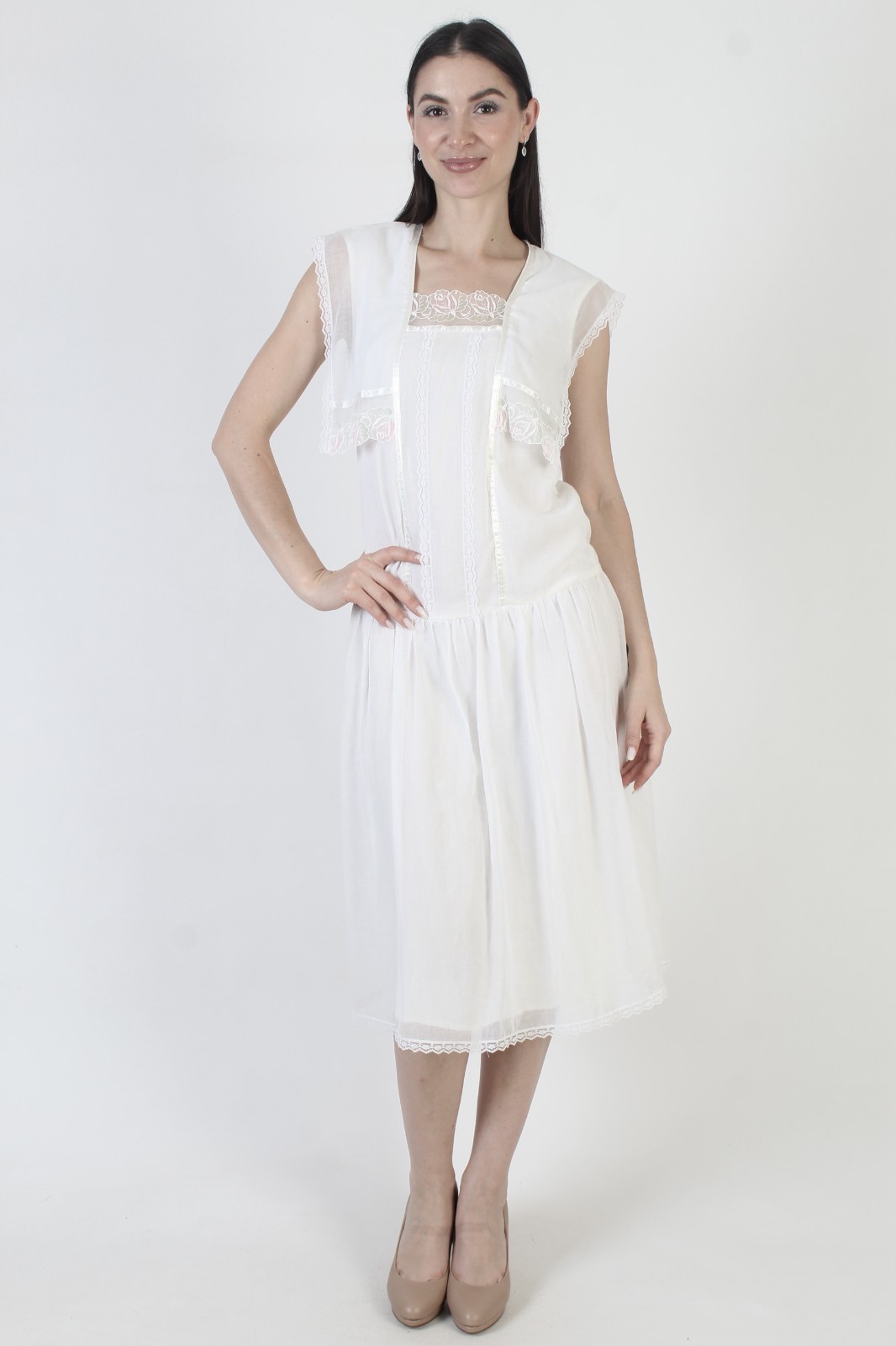 Vtg 80s Gunne Sax Dress Wht Jessica McClintock Deco Flapper Drop Waist Boho Gown