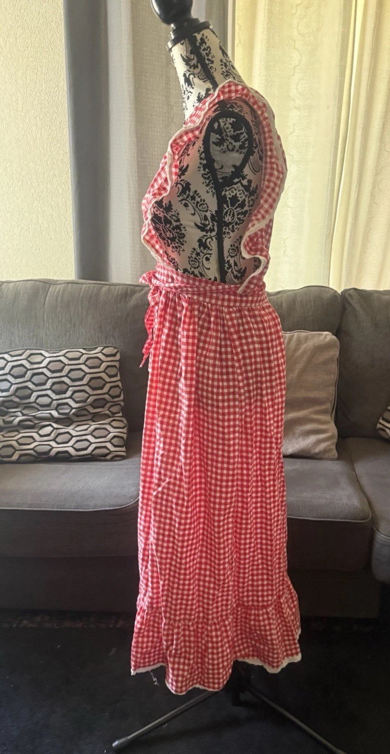 Vintage 70s Red White Checkered Apron Bib Dress