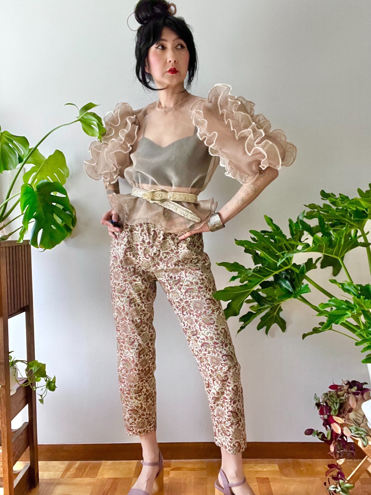1970s Sheer Organza Ruffle Blouse – Puff Sleeve Peplum Statement Top | XS-M