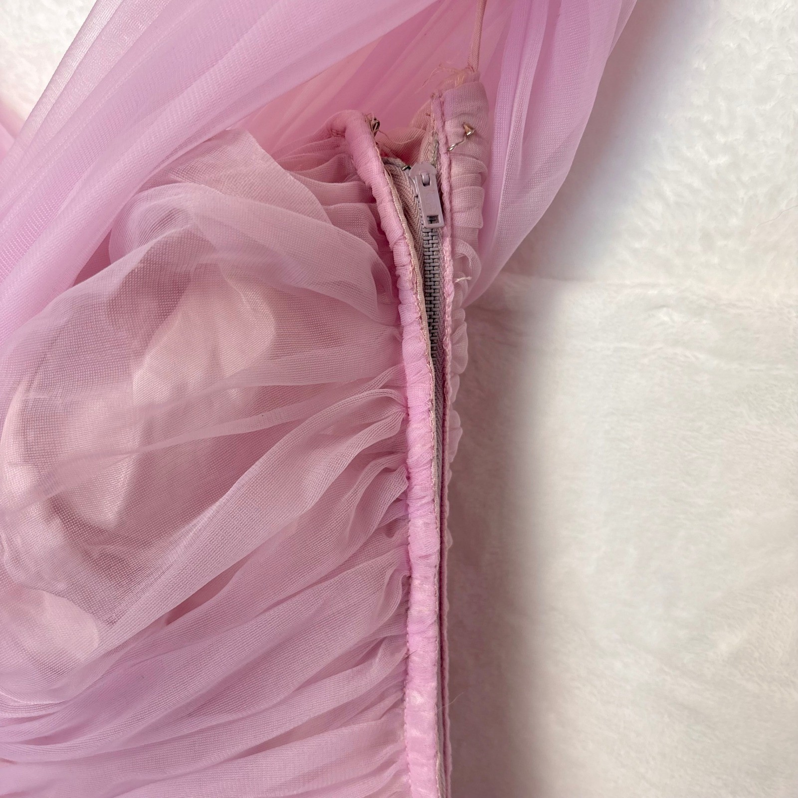 Vintage Lilac Tulle Off Shoulder Tea Length Party Dress Ruched 50s 24 Waist