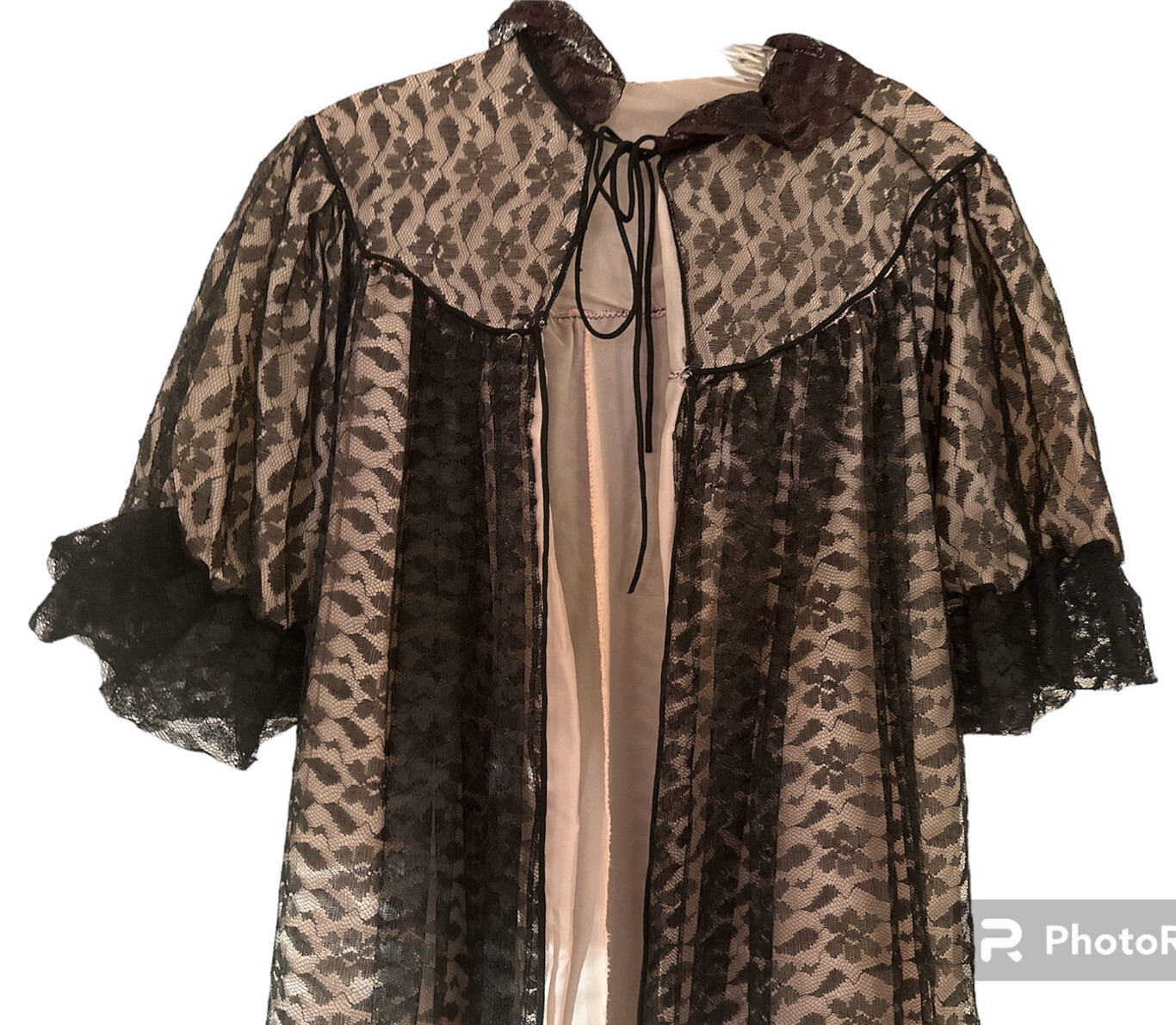 Vtg 50’s Dressing Gown Black Floral Tulle Lace & Pink Satin, Puff Sleeves S/M?
