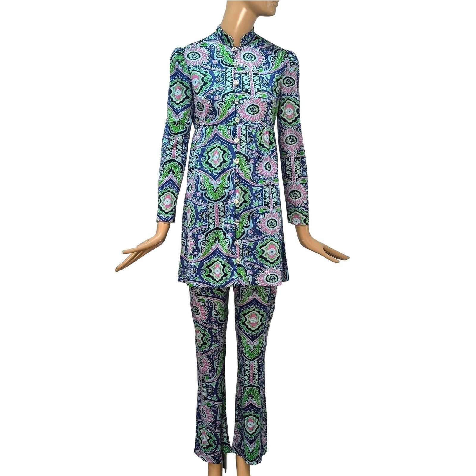 Vintage 60s Magnin Psychedelic Paisley Floral Tunic and Pants Set Blue Green