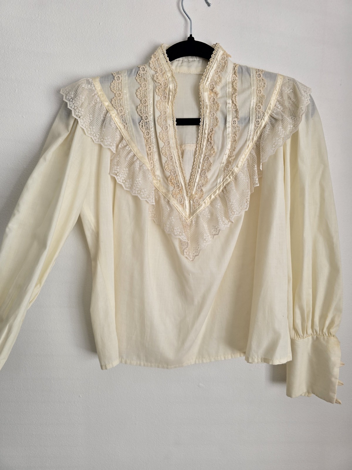 Ivory Lace Victorian Style Long Sleeve Shirt with Lace Trim and Button Cuffs