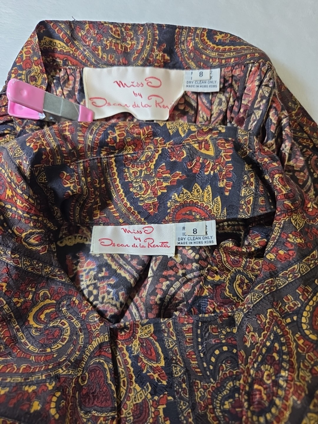 Vtg O By Oscar De La Renta 100% Silk Paisley Tie Neck Dress Skirt Blouse Set