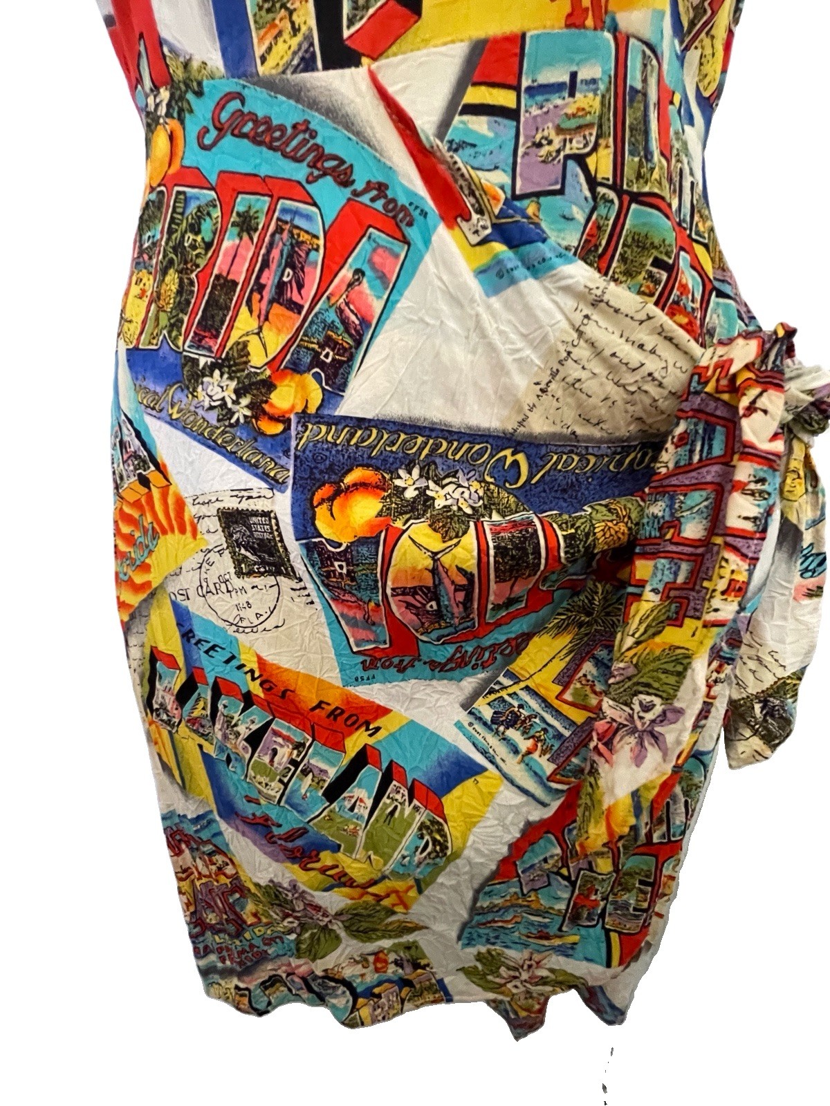 JAMS WORLD Vintage 90s Pop Art GREETINGS FROM Postcard Scenic Tie Front DRESS S