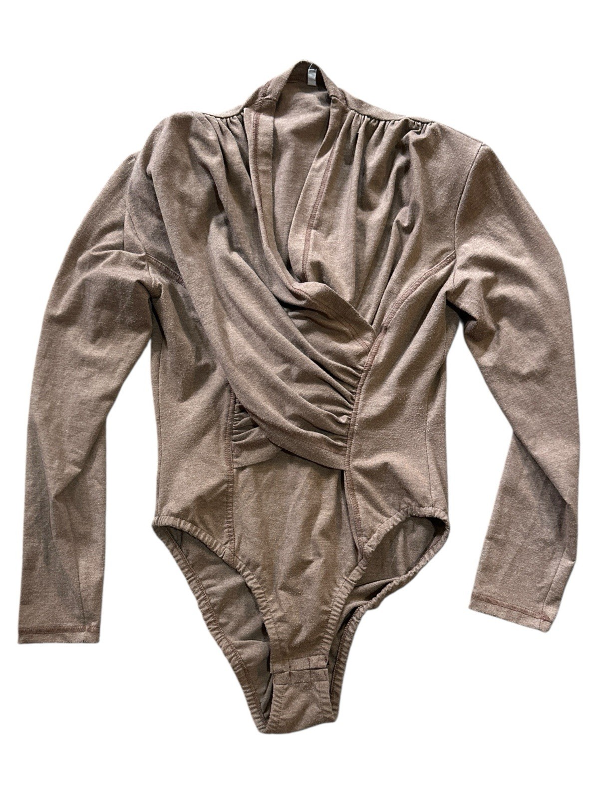 Vintage 80s 90s Bodysuit Top Blouse Mauve Brown Long Sleeves Ruched M/L