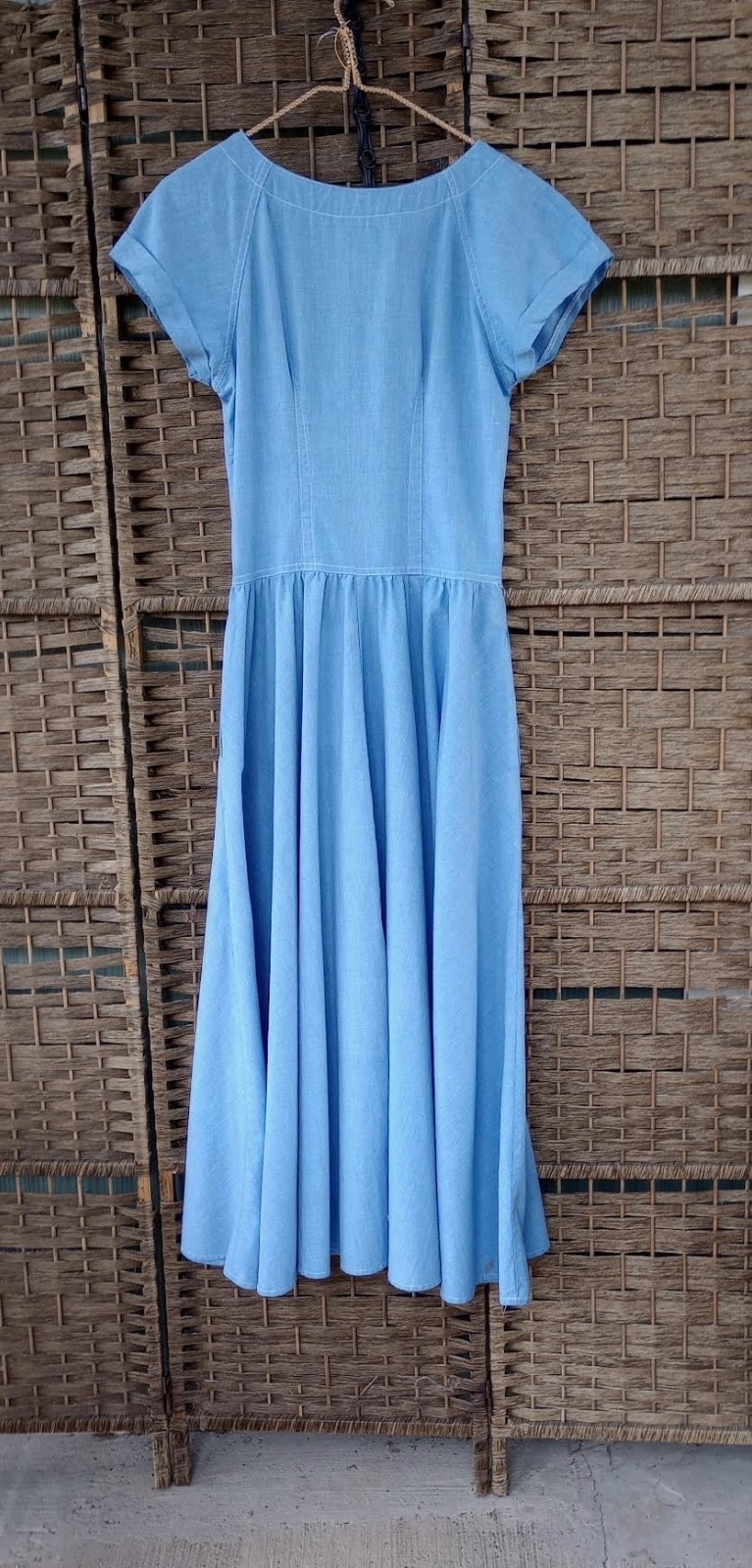 Vintage Denim Dress ~ Basque Waist ~ Full Swing Skirt