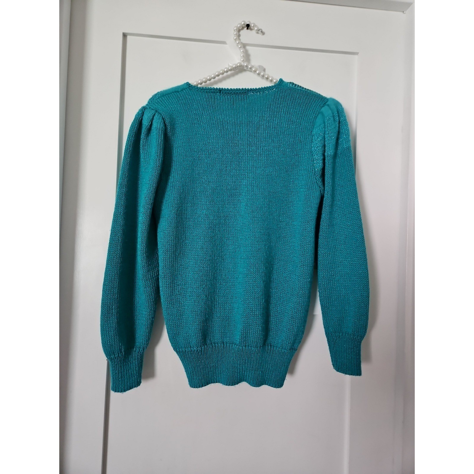 Angenie Sweater Women Small Teal Blue Excellent Vintage 80s V-Neck Angora Blend