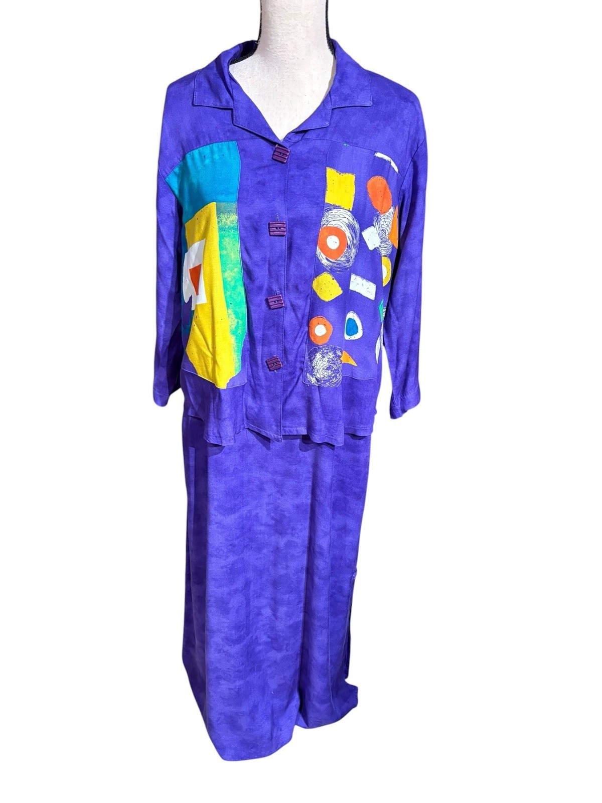 Vintage NINO WONG CA Long Maxi Dress And Shirt Set Purple Art USA Sz M Vacation