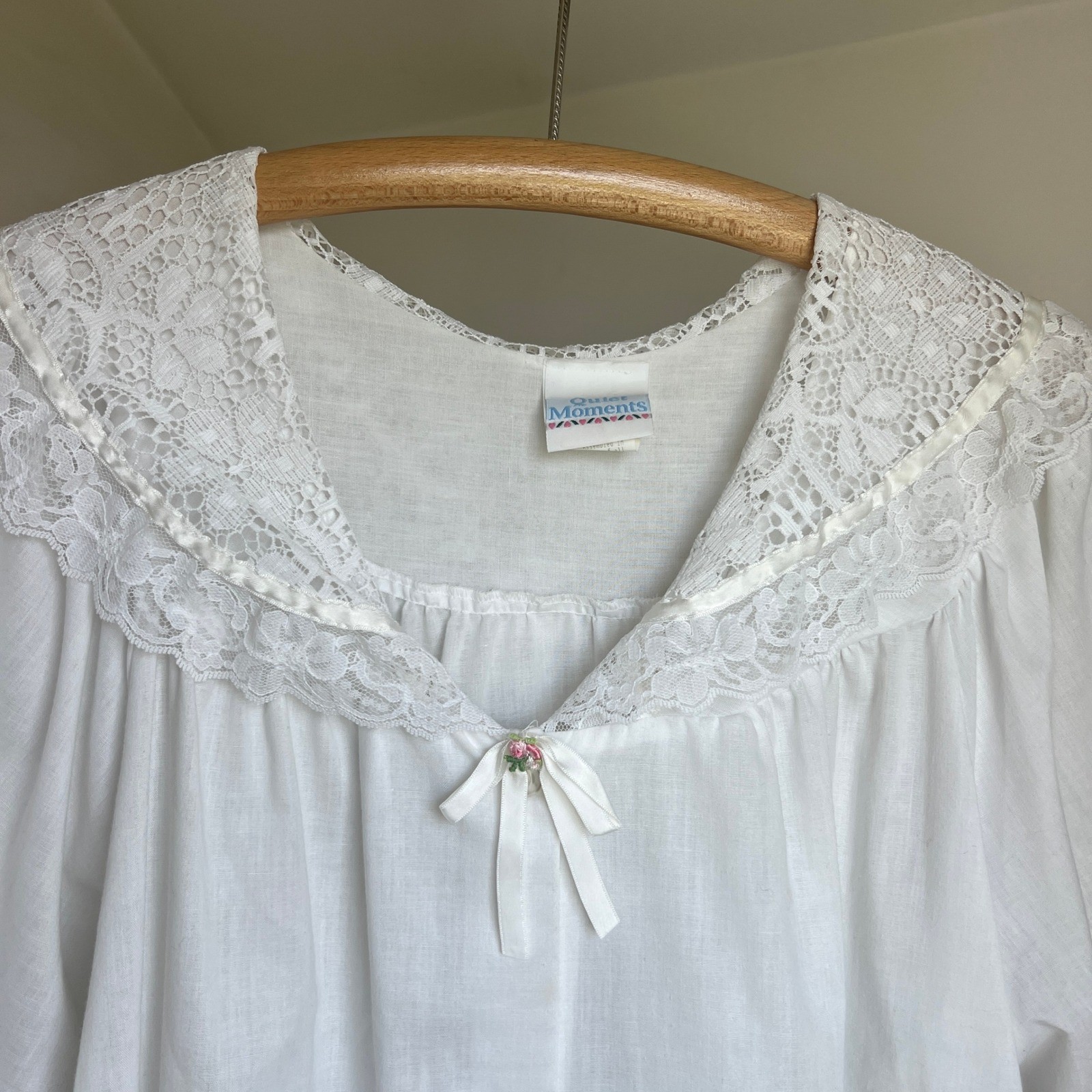 Vintage Cotton Blend Nightgown Medium White Lace Button Front Cottagecore Dress