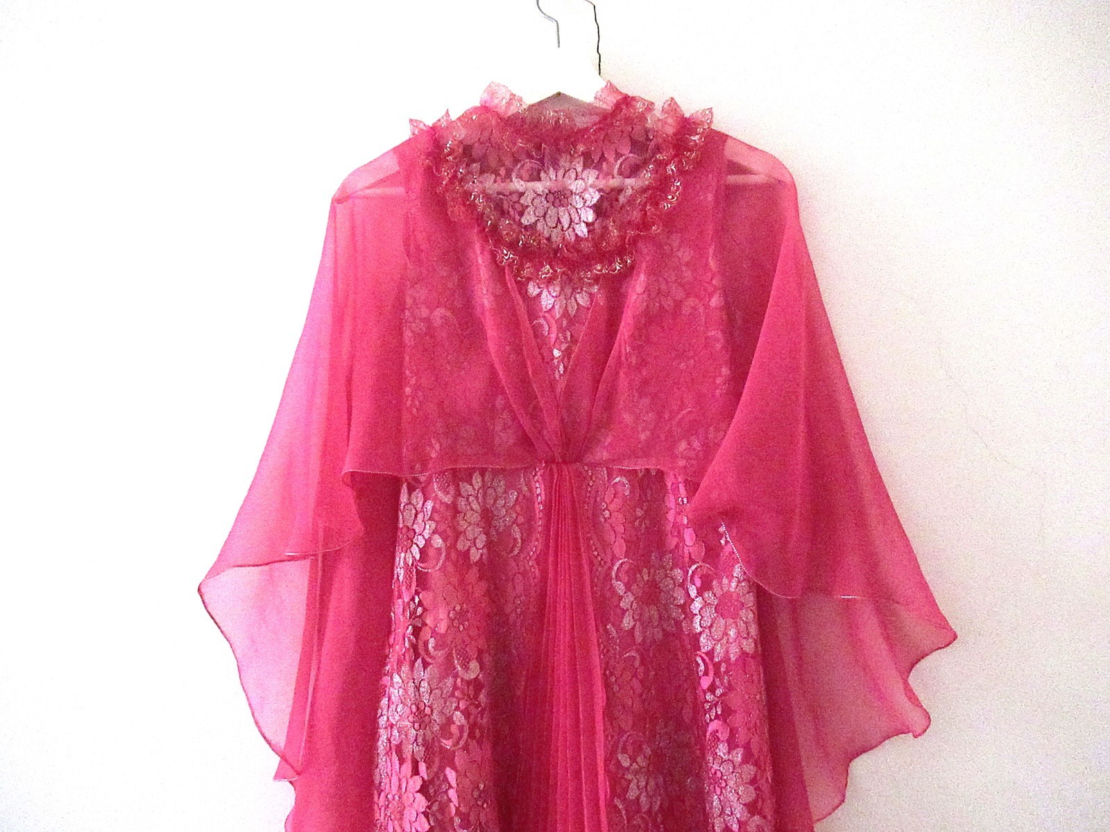 Vintage 70s Pink Lace Goddess Caplet Maxi Dress Small – Fairy Prom Party, Small