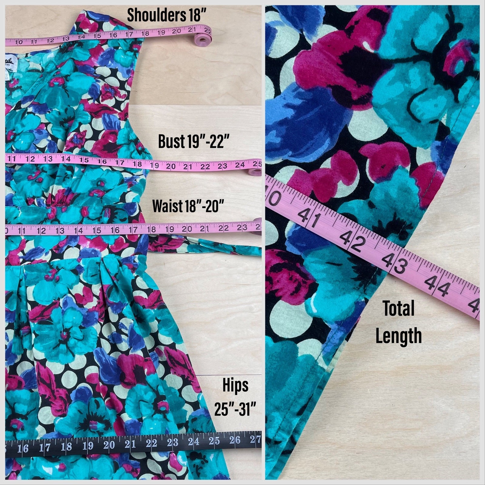 Vintage 1990s Teal Floral & Polka Dot Print Sleeveless Cotton Dress – 36″ Waist