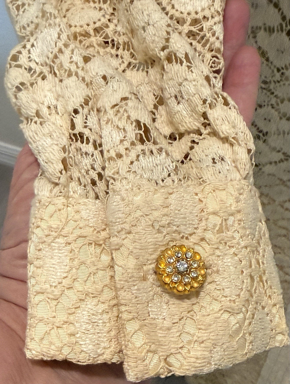 1960’s Evening Gown Coat Dress Cream Lace W/ Lining Gold Buttons Long Sleeve USA