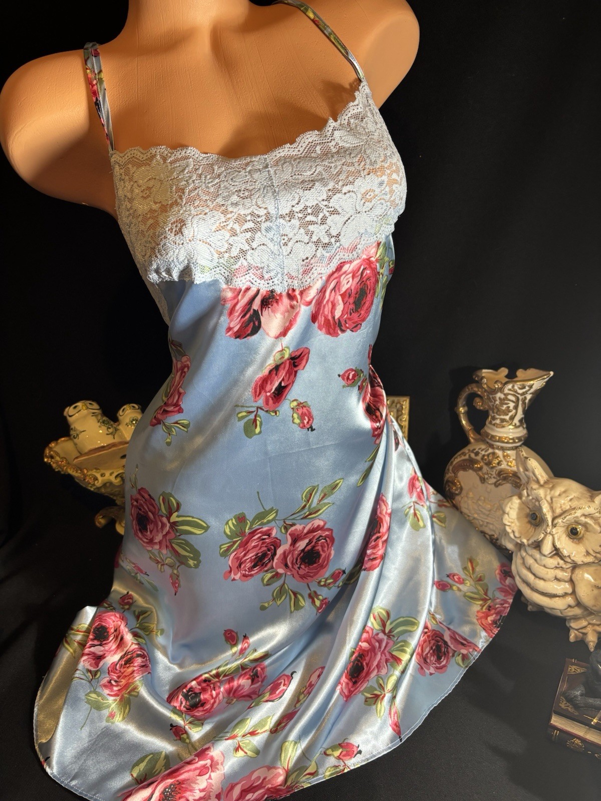 SATIN SHINY BED OF ROSES COTTAGE COQUETTE LACY NIGHTGOWN NEGLIGEE 46″