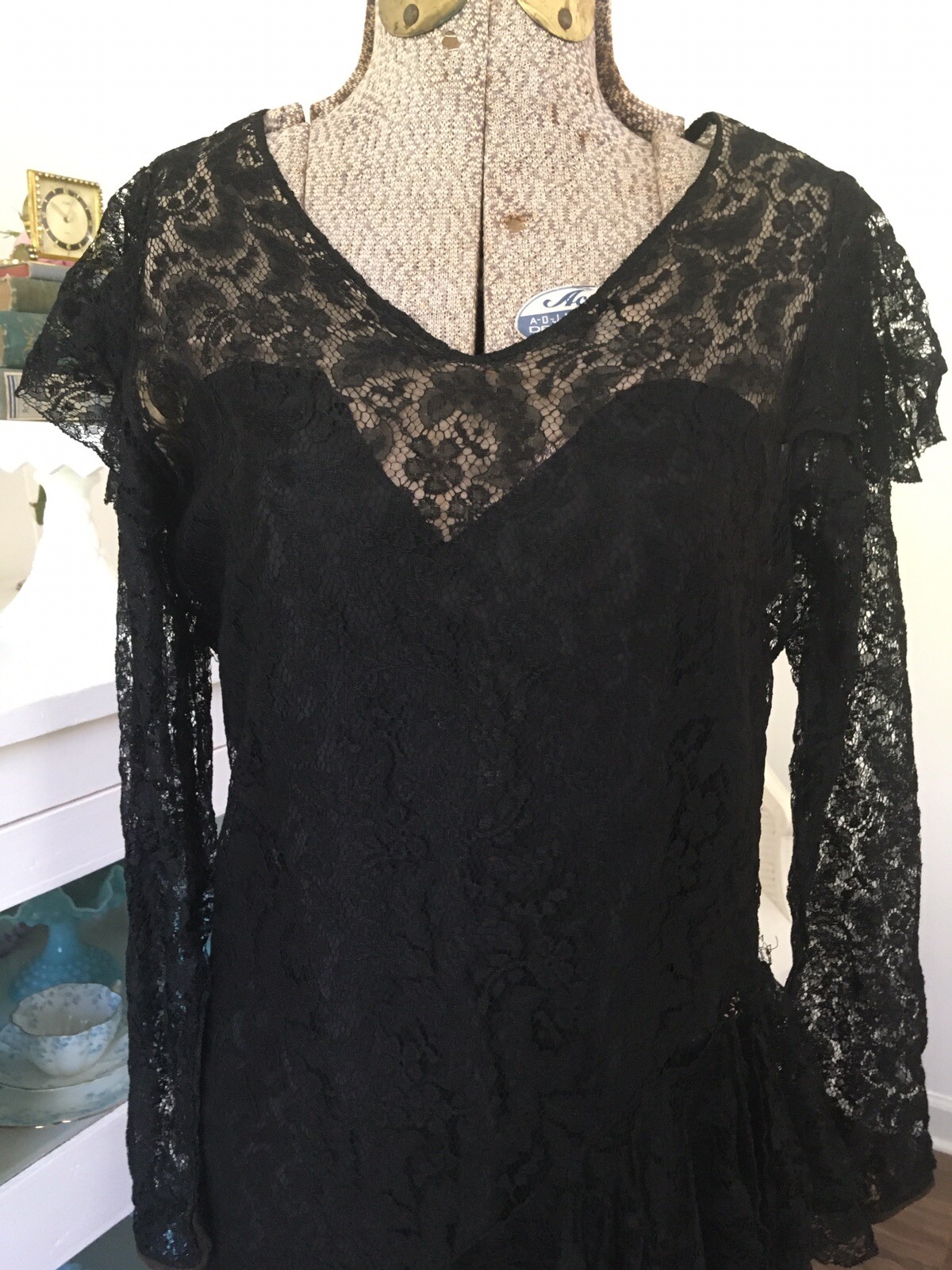 VTG 1920’s 30s Sheer BLACK LACE Evening Gown DRESS Bias Flounced RUFFLES Party