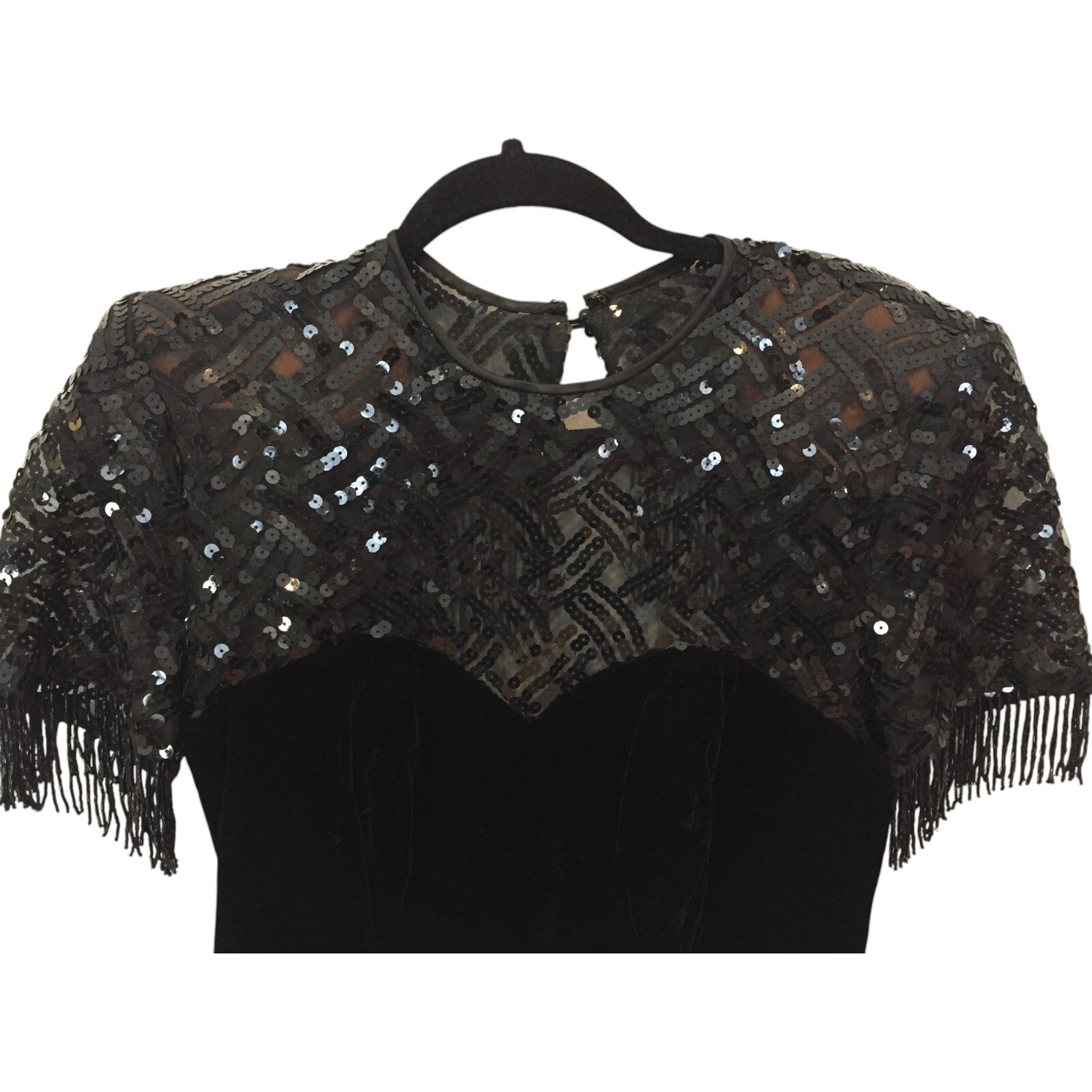 Niki Originals Black Slit Velvet Sequins Beaded Fringe Dress Womens 8 Crew Neck