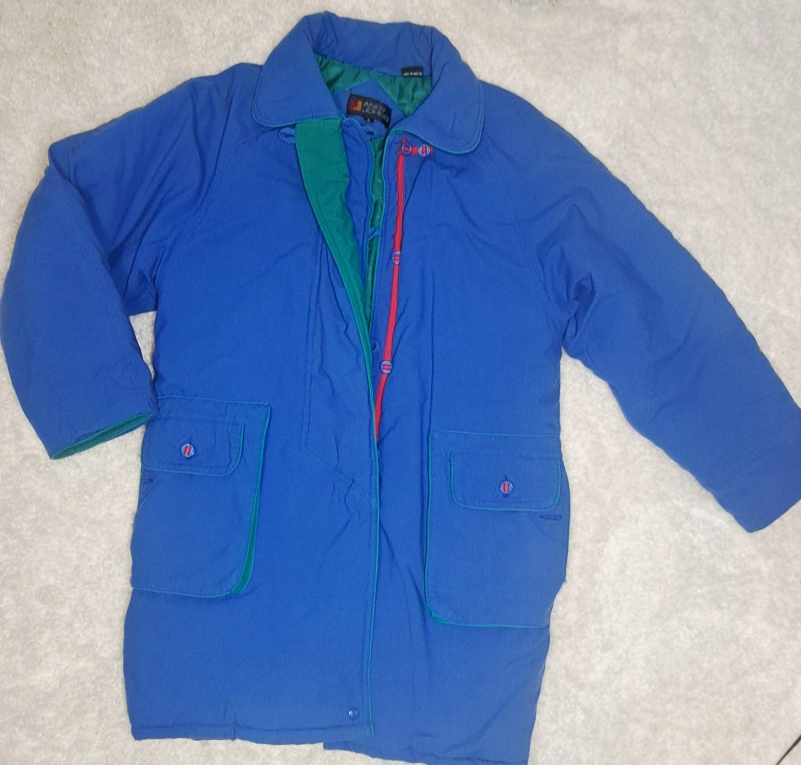 Vintage 80s Andy Johns Retro Blue Green Long Jacket Coat Duster Women’s Large L