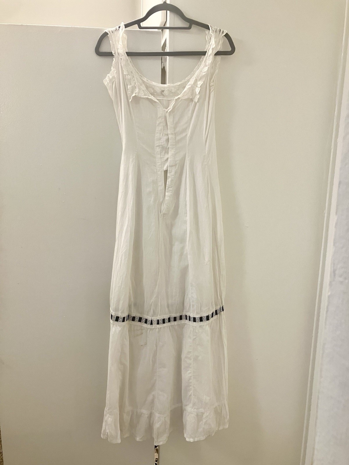 Victorian Edwardian White Cotton Lace Black Ribbon Dress Sz S M Beautiful