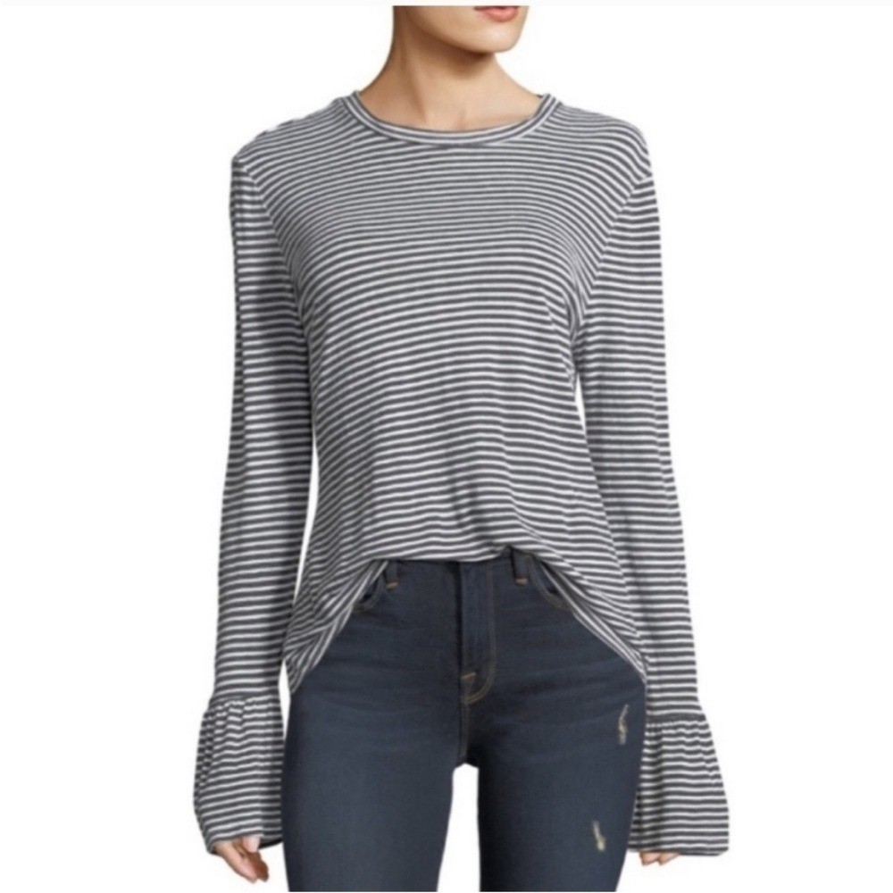 Frame 100% Linen Long Sleeve Striped Ruffle Cuff Top Size Medium
