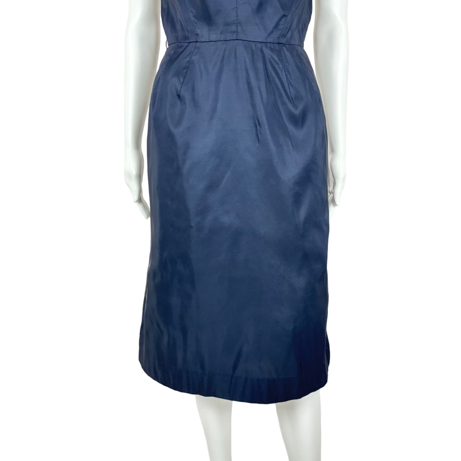 Vintage 50s Cocktail Dress Women’s XXS Winged Bodice Dark Blue Bombshell Pin Up
