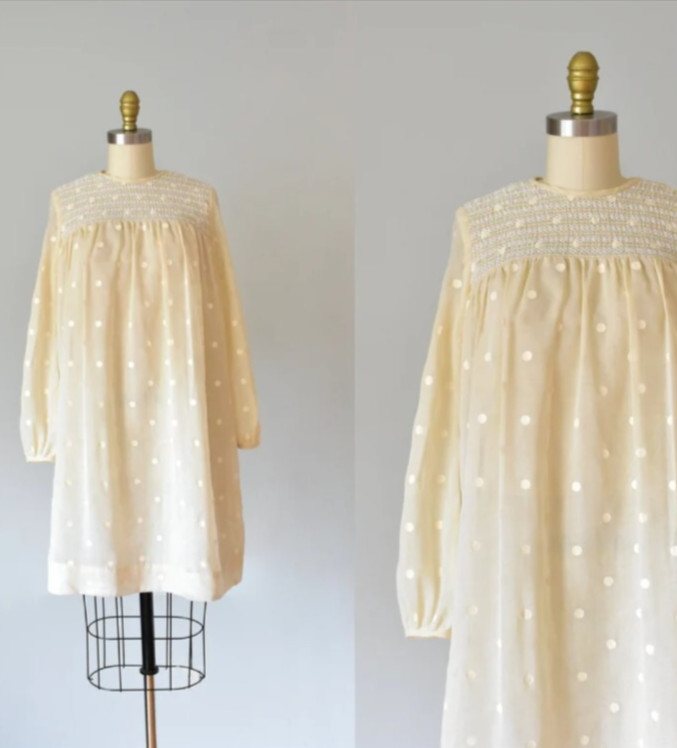 1960s Designer Helen Whiting Linen Polka Dot Trapeze Style Mod Baby Doll Dress