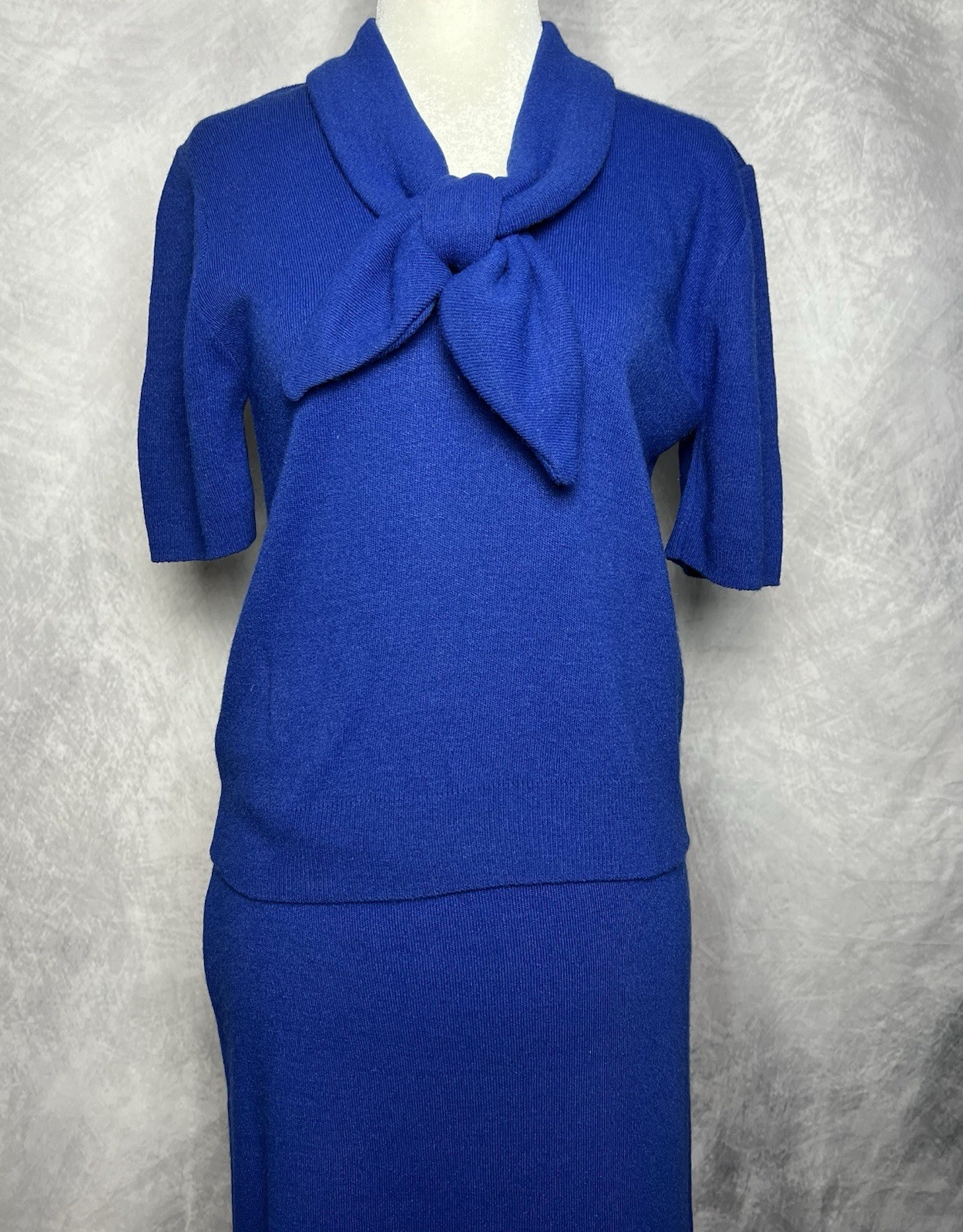 Vintage 1960s Turbo DuPont Knit Royal Blue Sweater Top Skirt Set Outfit S/M