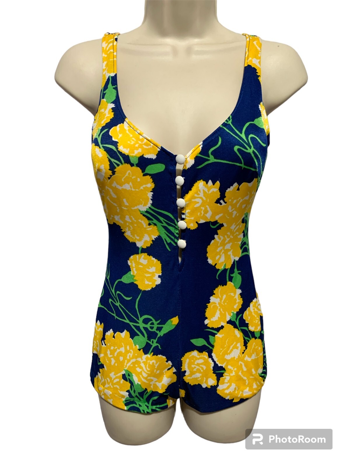 Vintage 70s Maxine of Hollywood Sz 12/34 Blue Yellow Floral Pinup Swimsuit Flaws