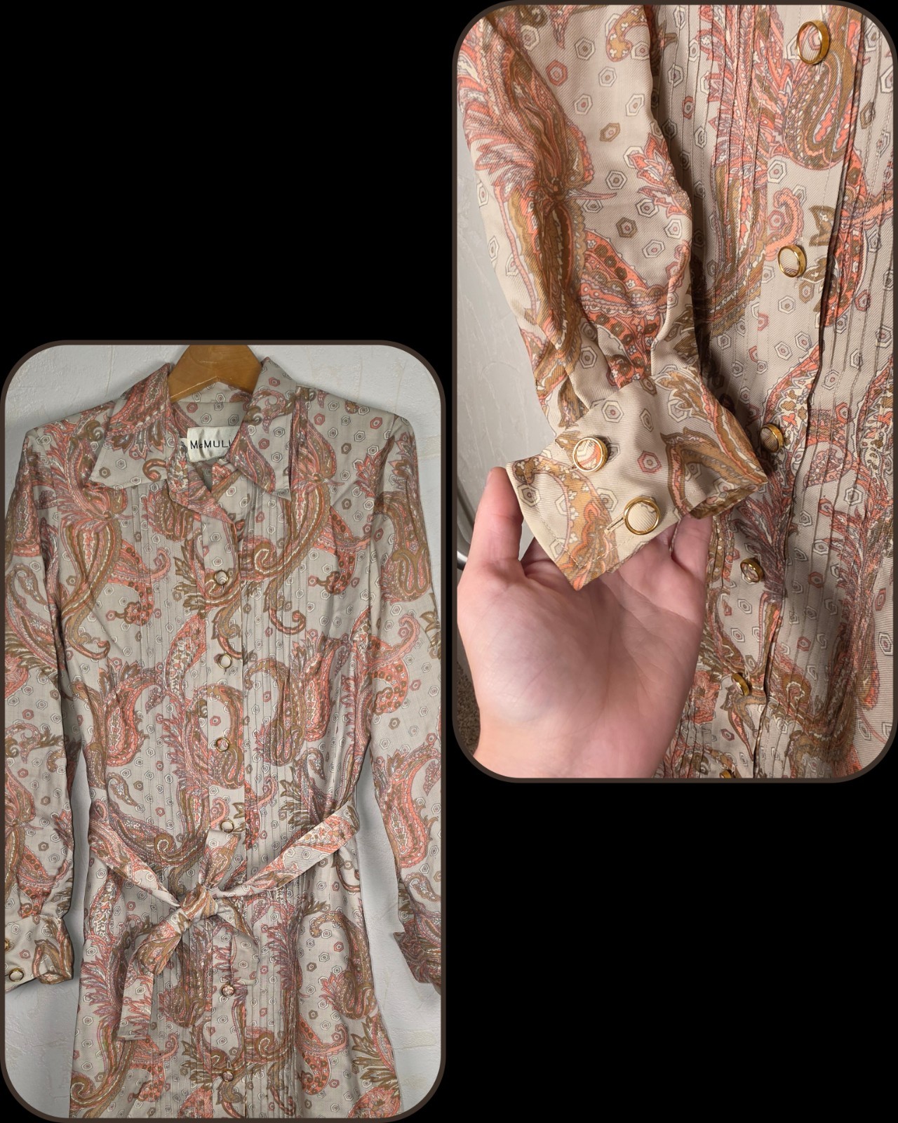 Vintage 70s McMullen Paisley Dagger Collar Long Sleeve Belted Midi Dress Boho 8