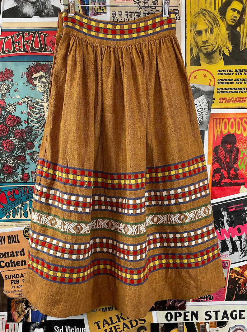 Vintage 50s Guatemalan Symbol Folk Art Embroidered Full Cotton Woven Skirt XS