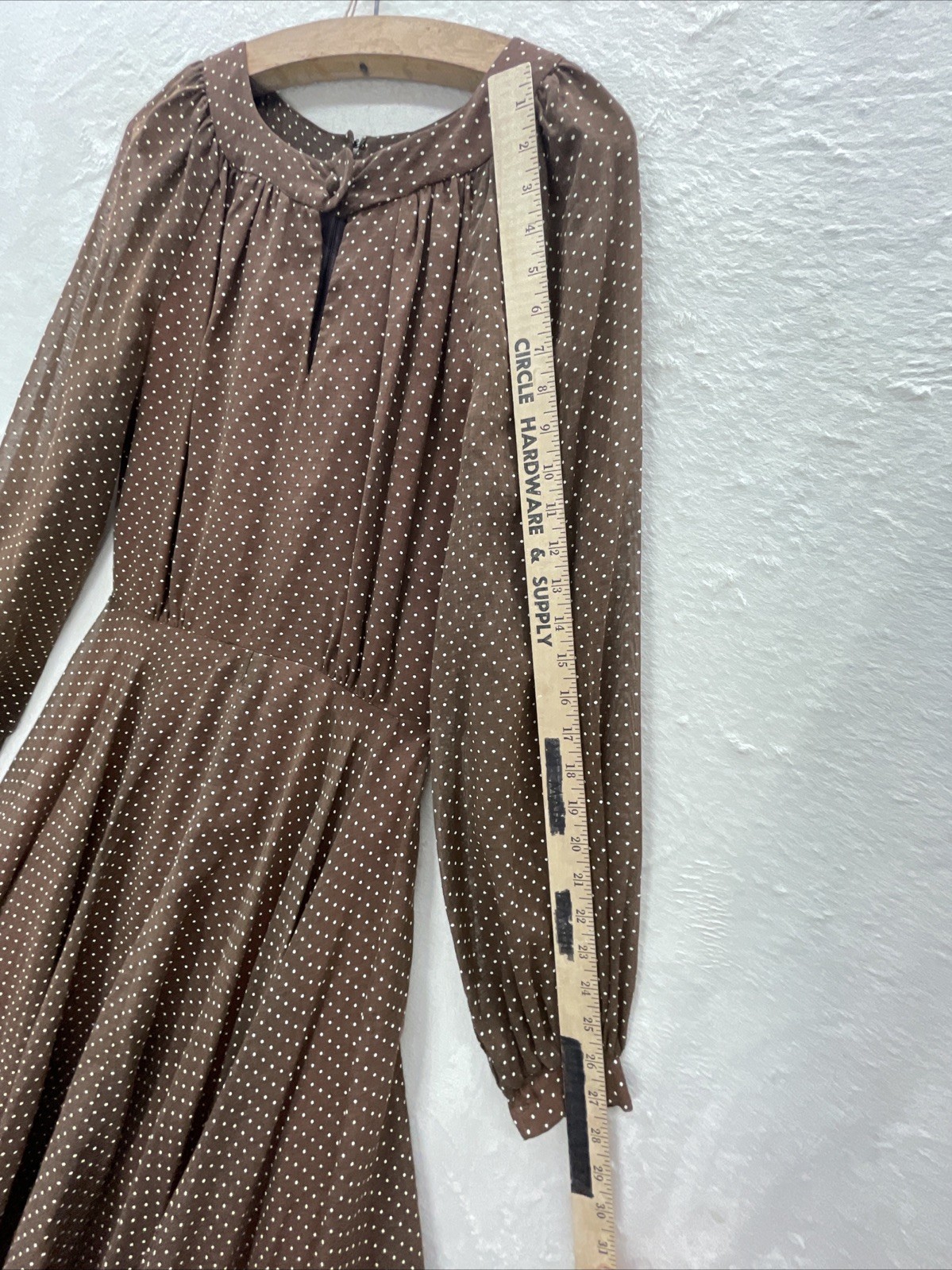 Vtg Brown White Swiss Dot Sz 12 Fit/Flair Long Sleeve Sheer Lined Twirl Retro