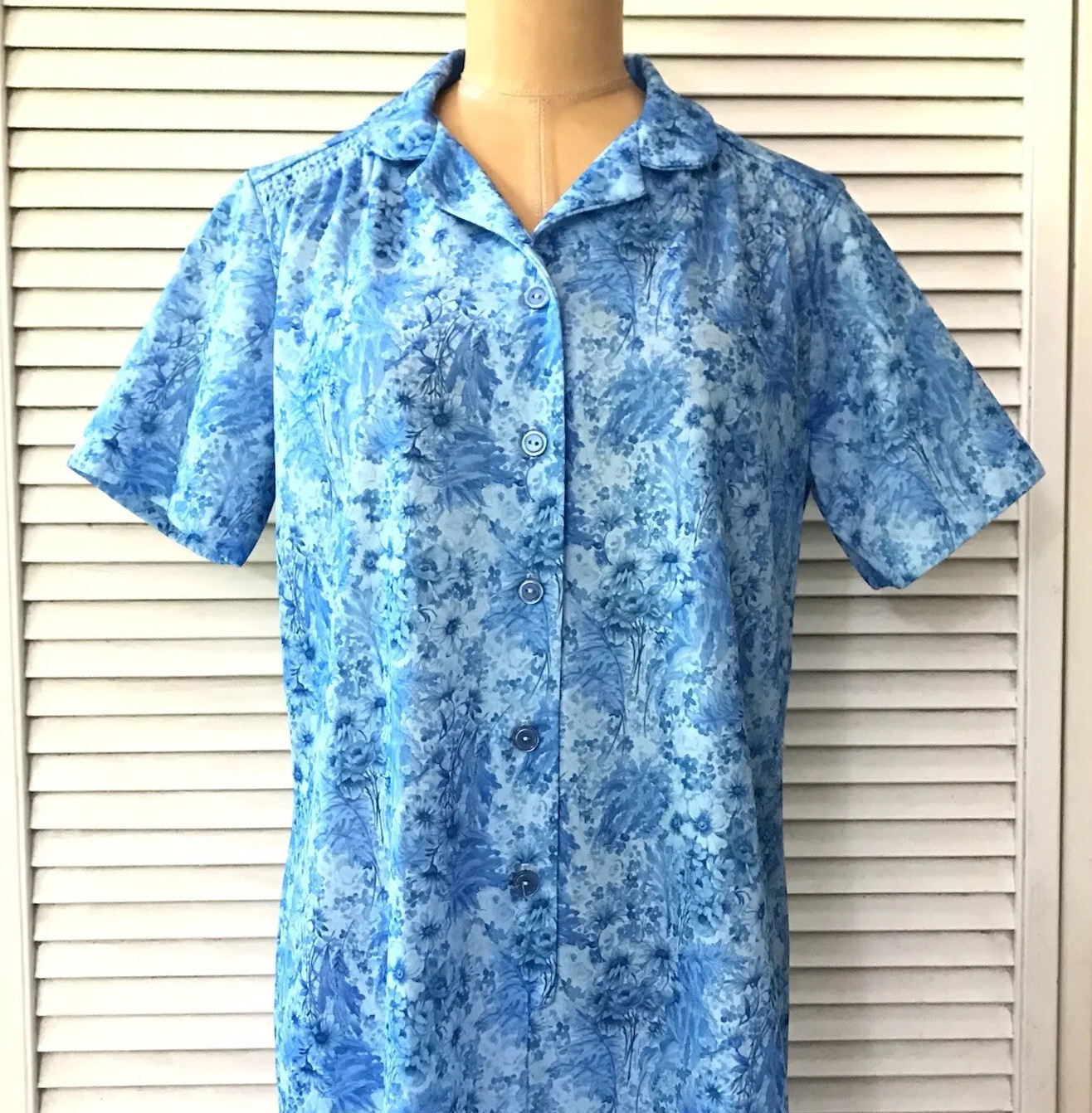A Nancy Frock Shirt Dress Vintage Size 14 Blue Floral Short Sleeve Wear Anywhere