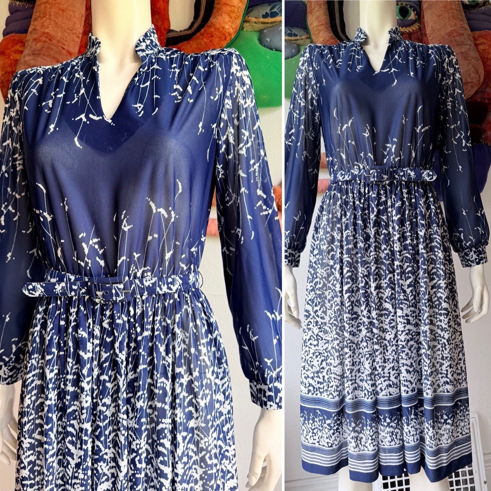 Vintage 1970s 1980s OP ART DRESS Semi-sheer Navy Blue Murray Meisner Secretary M