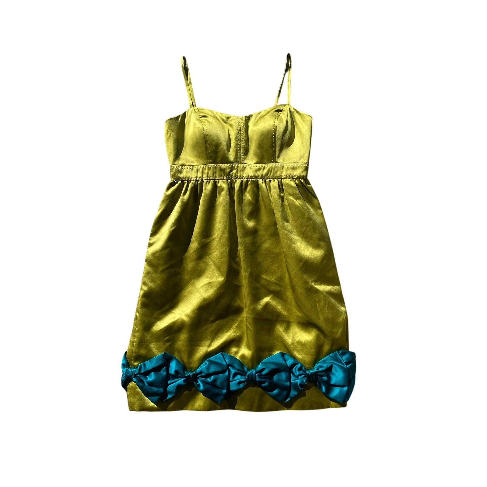 Y2k Chartreuse Green Silk Mini Dress Preppy Phoebe Couture Blue Bow Bratz Doll