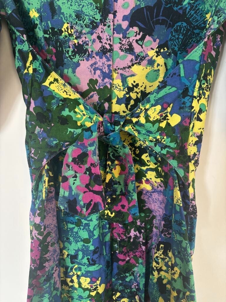 Vintage JA-NA Hawaiian Maxi Dress Size 10 Abstract Floral Multi Color Barkcloth