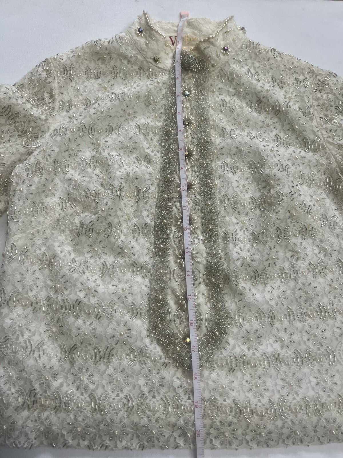 Rare 60s Vintage Valentina Designer Pearl Beaded Collared White Top Shirt