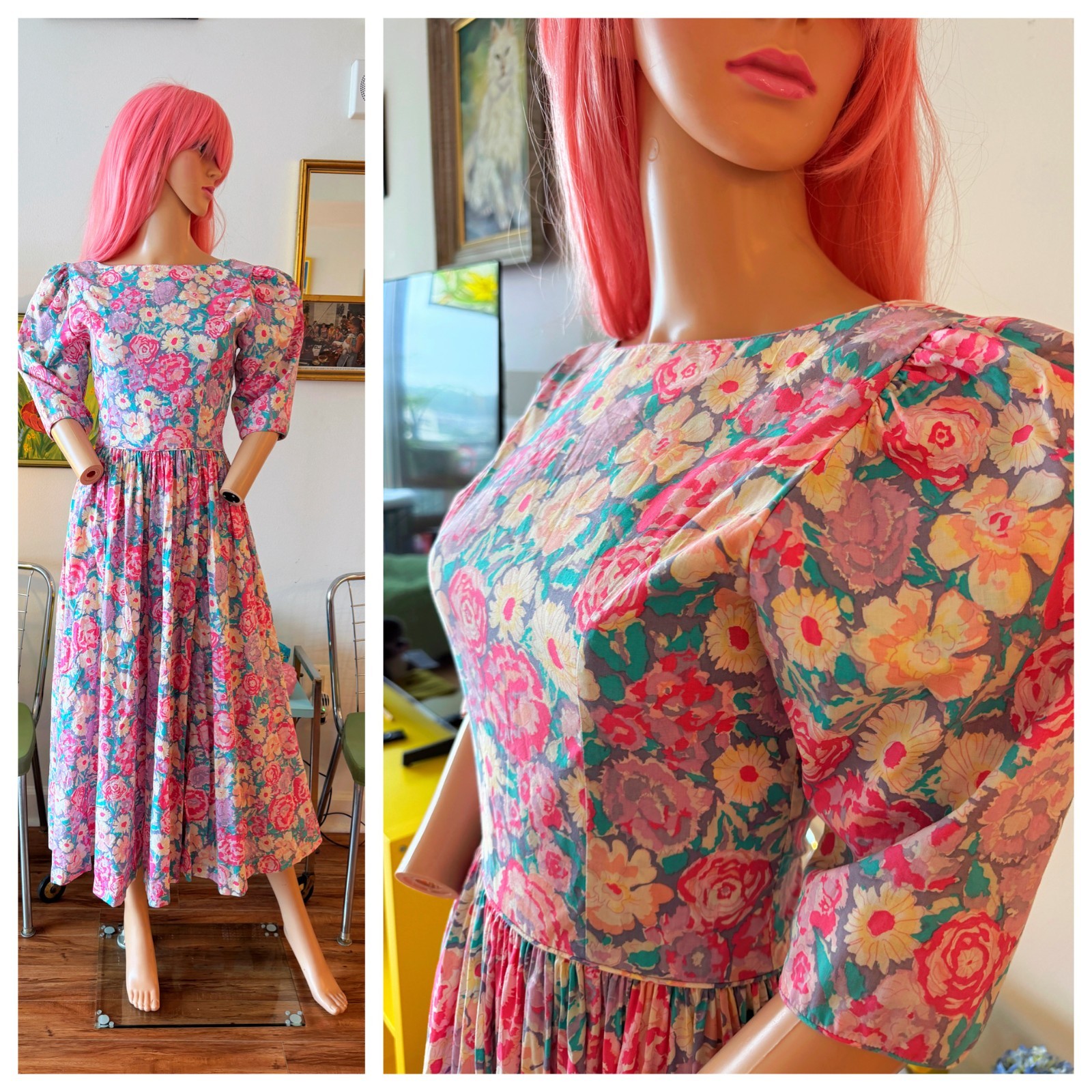🌸 Vtg Handmade Laura Ashley Type Floral Puff Sleeve Cottagecore Midi Dress M