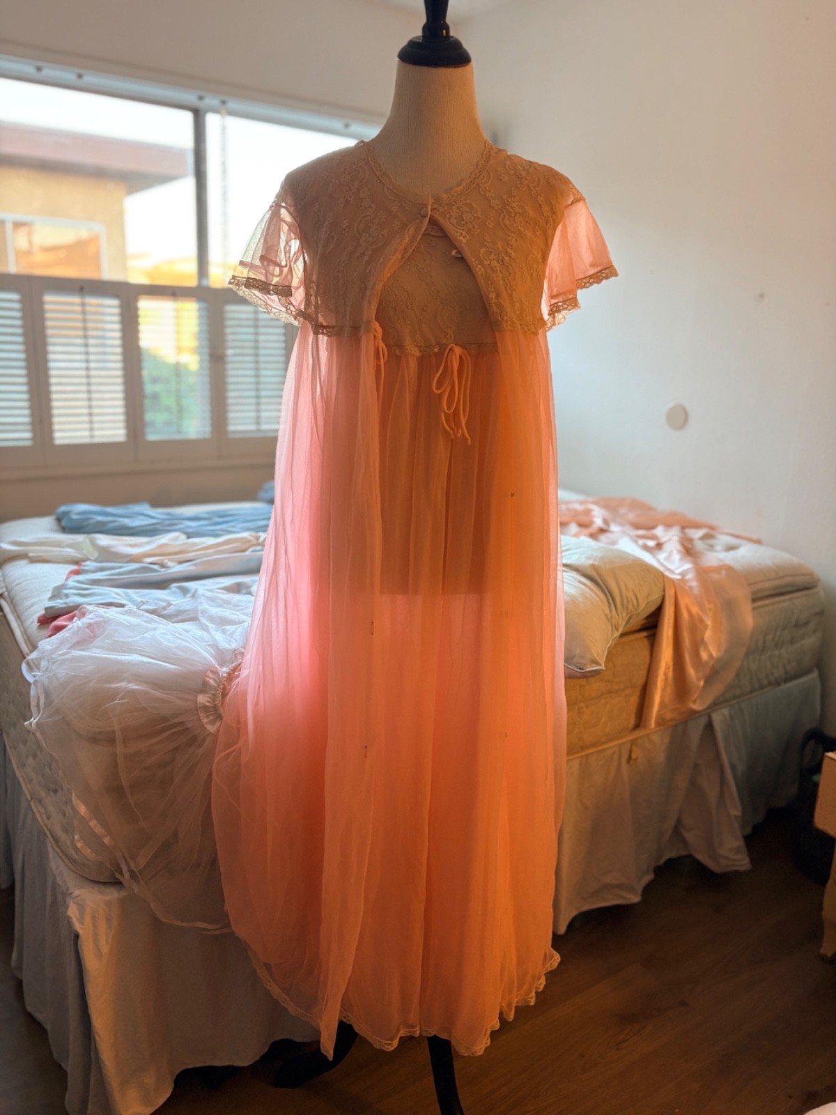 VTG 60s Aristocraft Pink Peignoir Set Sheer Chiffon Lace Nightgown Robe Small