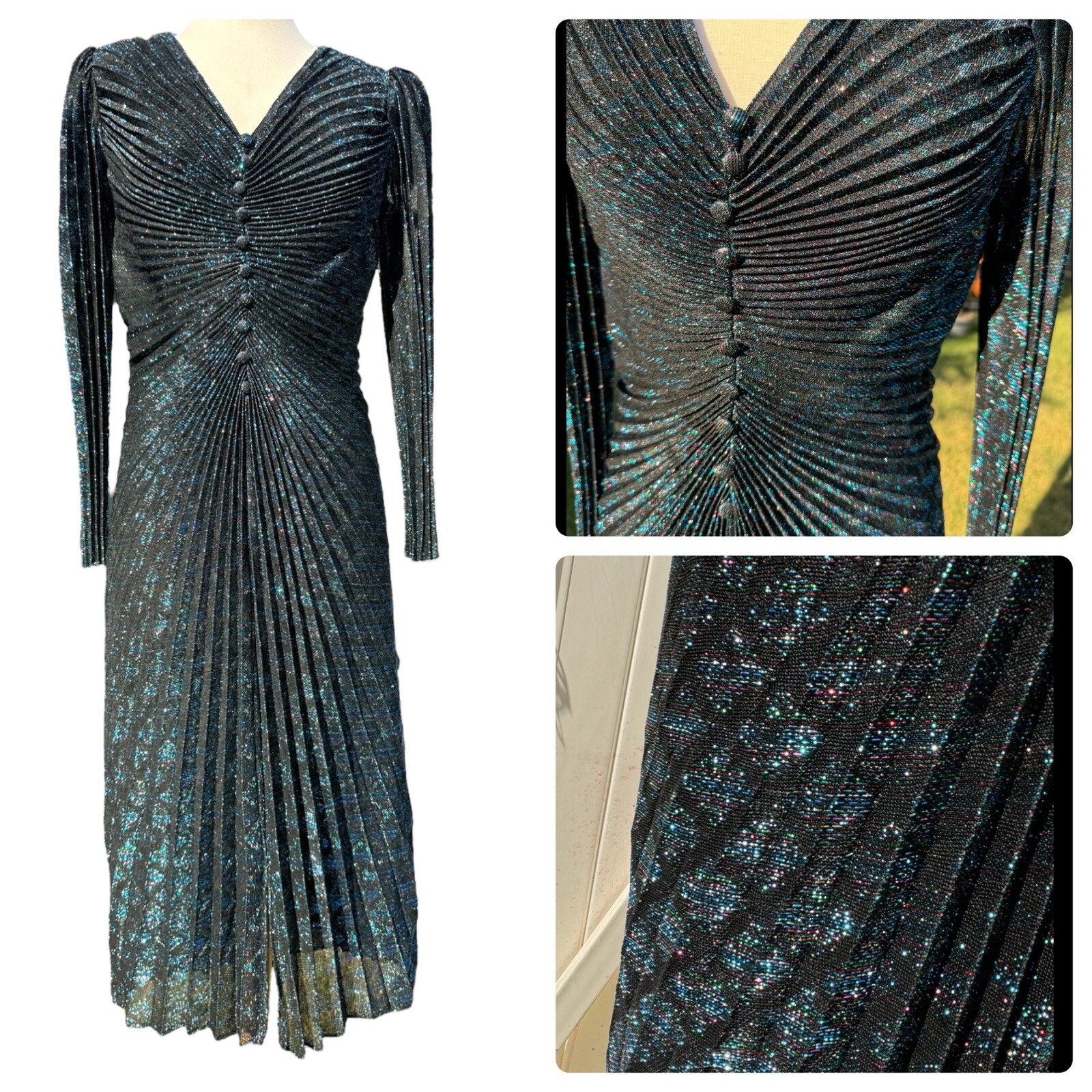 Vtg 70’s Samir Metallic Lurex Mermaid Disco Dress Black Pleated Size 4/6 Sparkly
