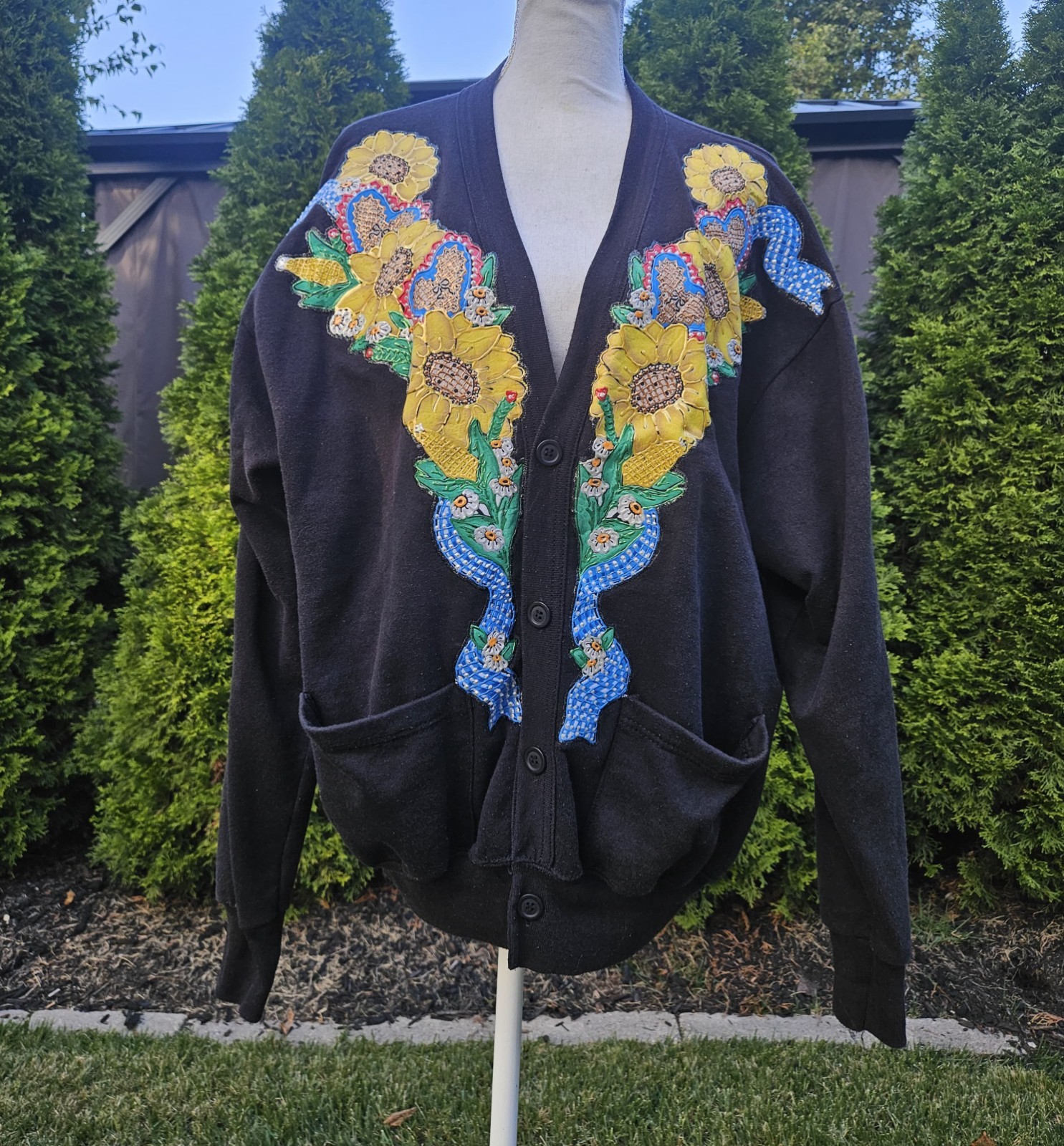 Vtg Quitman USA Sweatshirt Black Painted Applique Sunflower Corn Art One Size