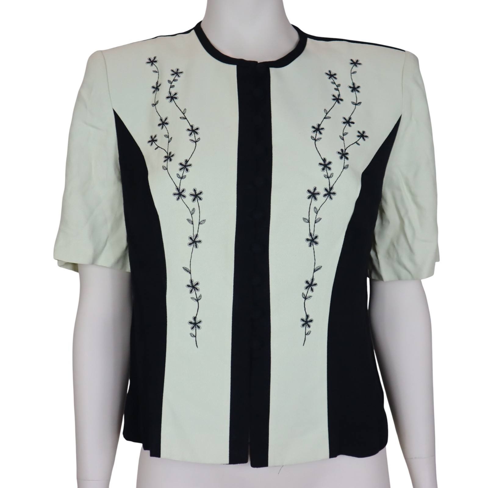 Vintage DJ Summers Top Embroidered Floral Ivory Short Sleeve 80s Women’s Medium