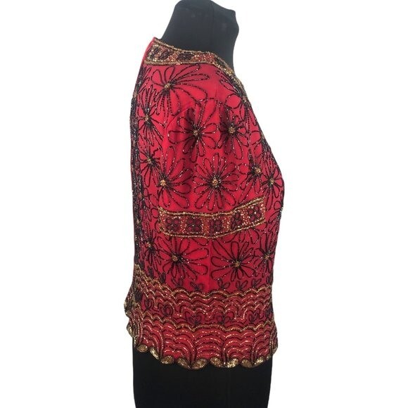 VTG Red/Black/Gold Stunning 90’s Adrianna Papell Evening Silk Beaded Top Sz XL