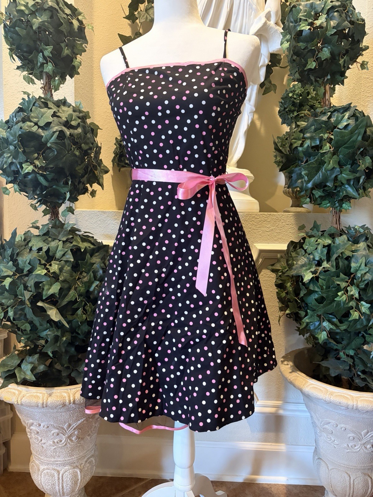 Vintage Late 90s/early 2000s Y2K Polka Dot Pink Black And White Flare Dress Med