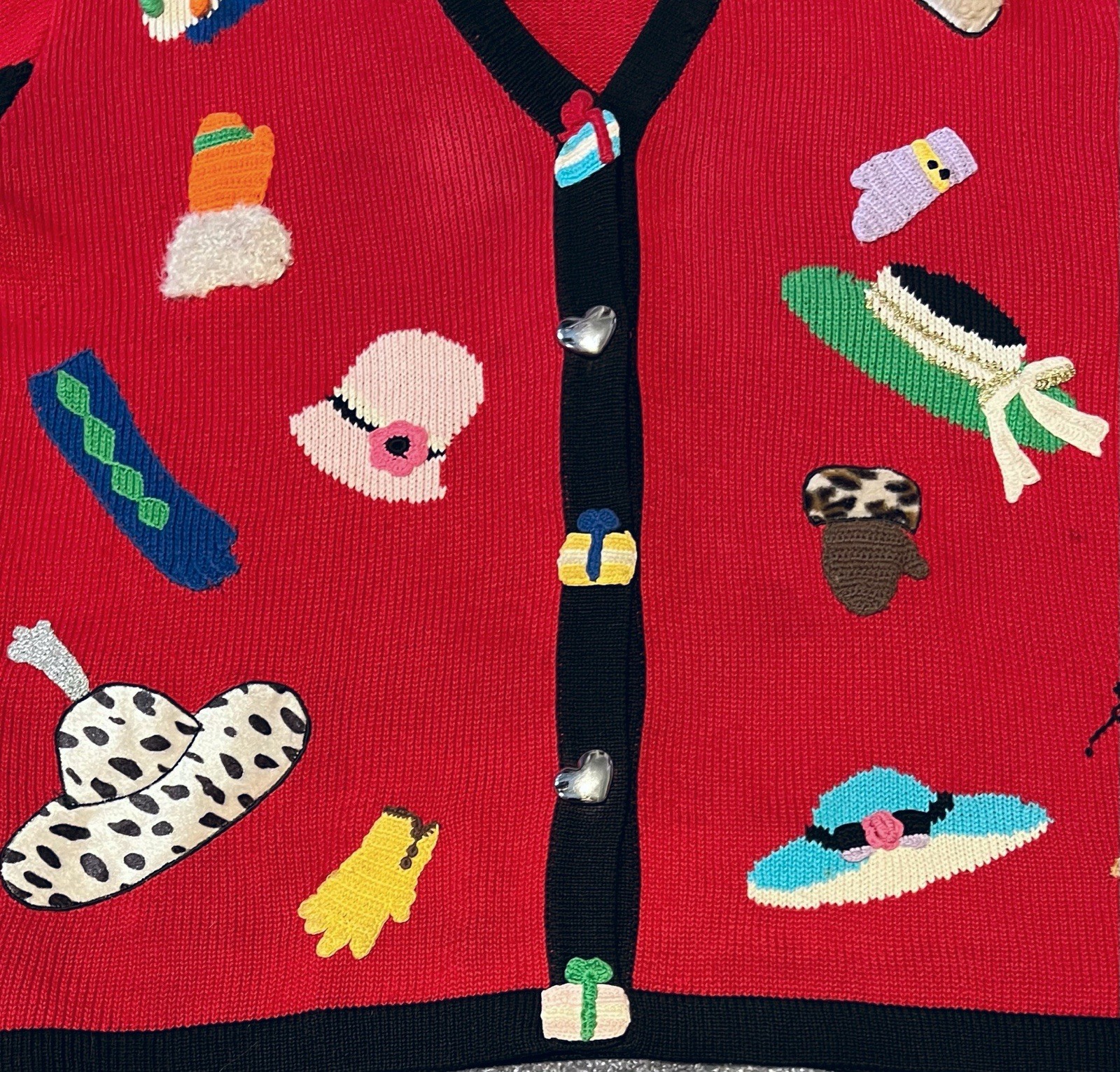Vintage BEREK Cardigan Sweater XL Red Black Multi Hats Gloves Cat Kitty 80s/90s