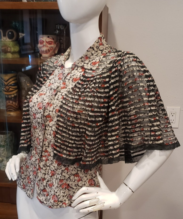 Vintage 1930s Floral Fishnet Caplet Rayon Top Blouse