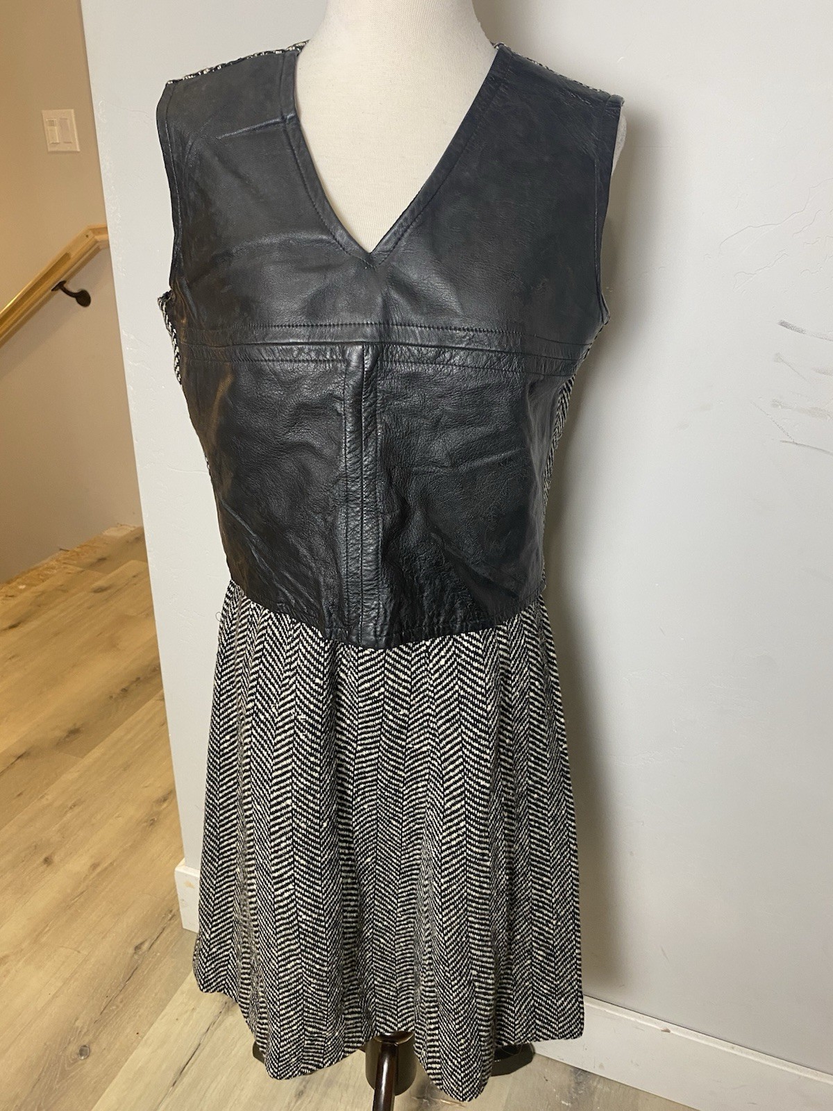 Vintage Mixed Media MOD Leather Herringbone Tweed Shift Dress Black 2-Piece